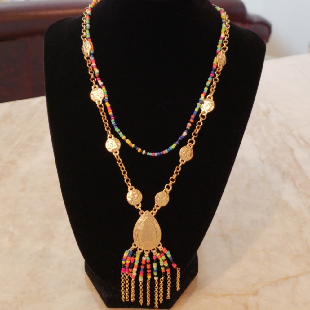 Fragments Layered Seed Bead Pendant Necklace NWT